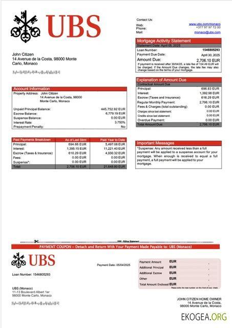 Modèle Word et PDF de relevé hypothécaire Monaco UBS (Monaco)